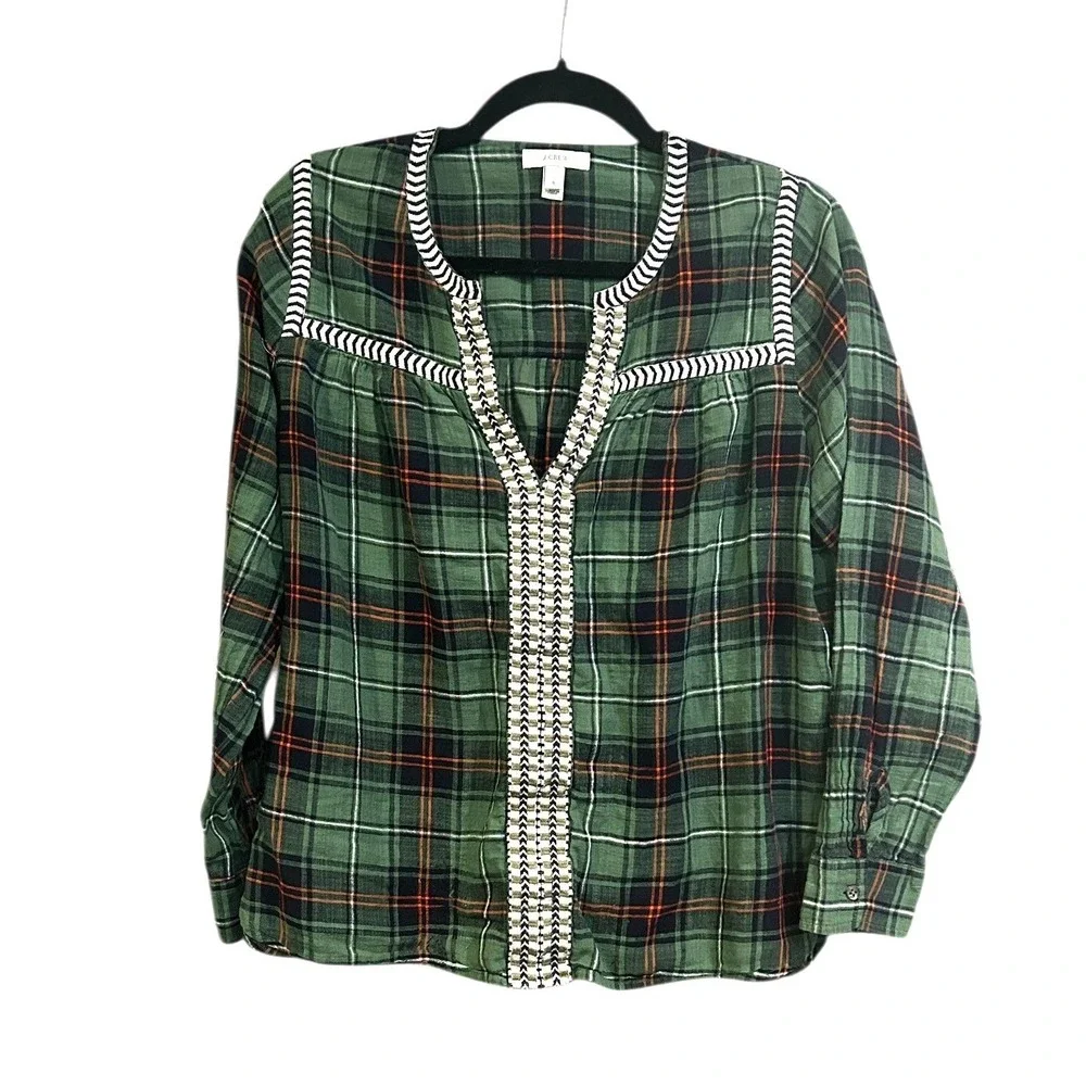 J.Crew Green‎ Plaid Madras Peasant Top Cotton Flowy Split Neck Sz 6 Cottagecore - Picture 3 of 7